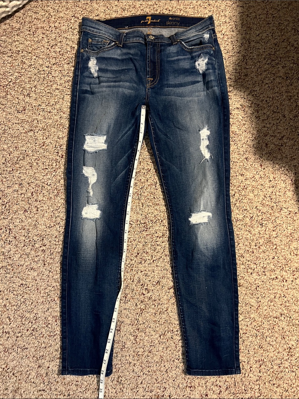 7 For All Mankind Distressed Dark Blue Skinny Jeans